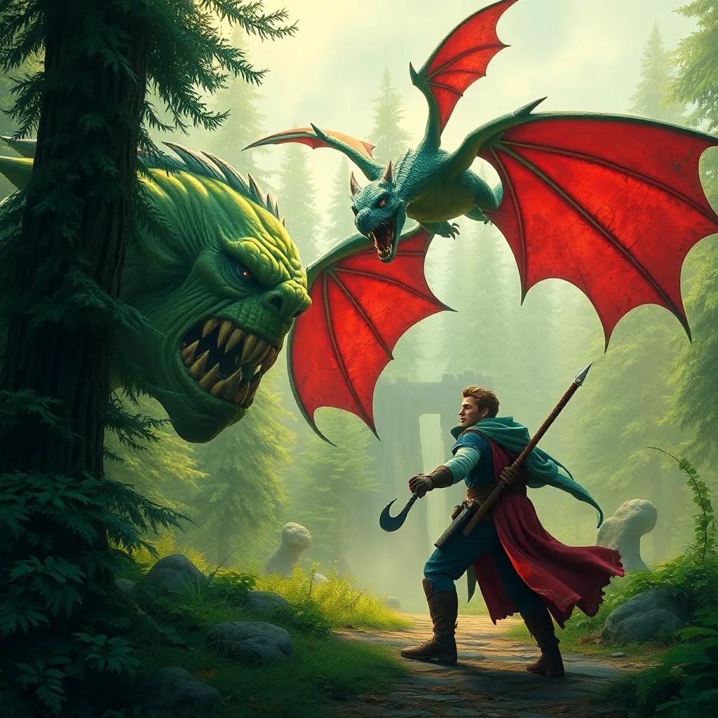 Fabiano, the space warrior, in a medieval forest, facing a large green troll, with a friendly dragon flying above him, vibrant colors, dynamic action scene, high quality
