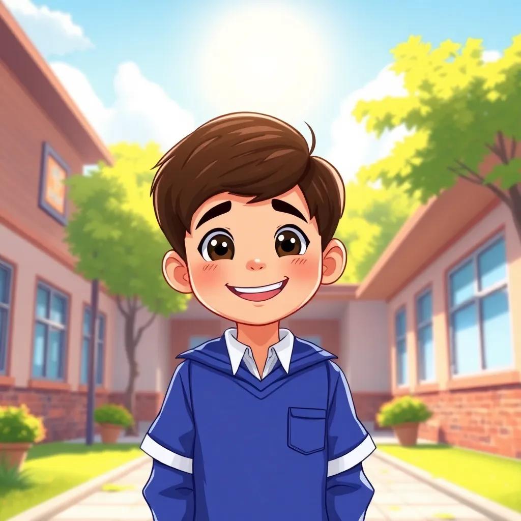 A cheerful boy, Faisal, with short brown hair, wearing a blue school uniform, standing outside his school with a bright sun shining overhead, illustration, warm colors, joyful atmosphere, high quality
