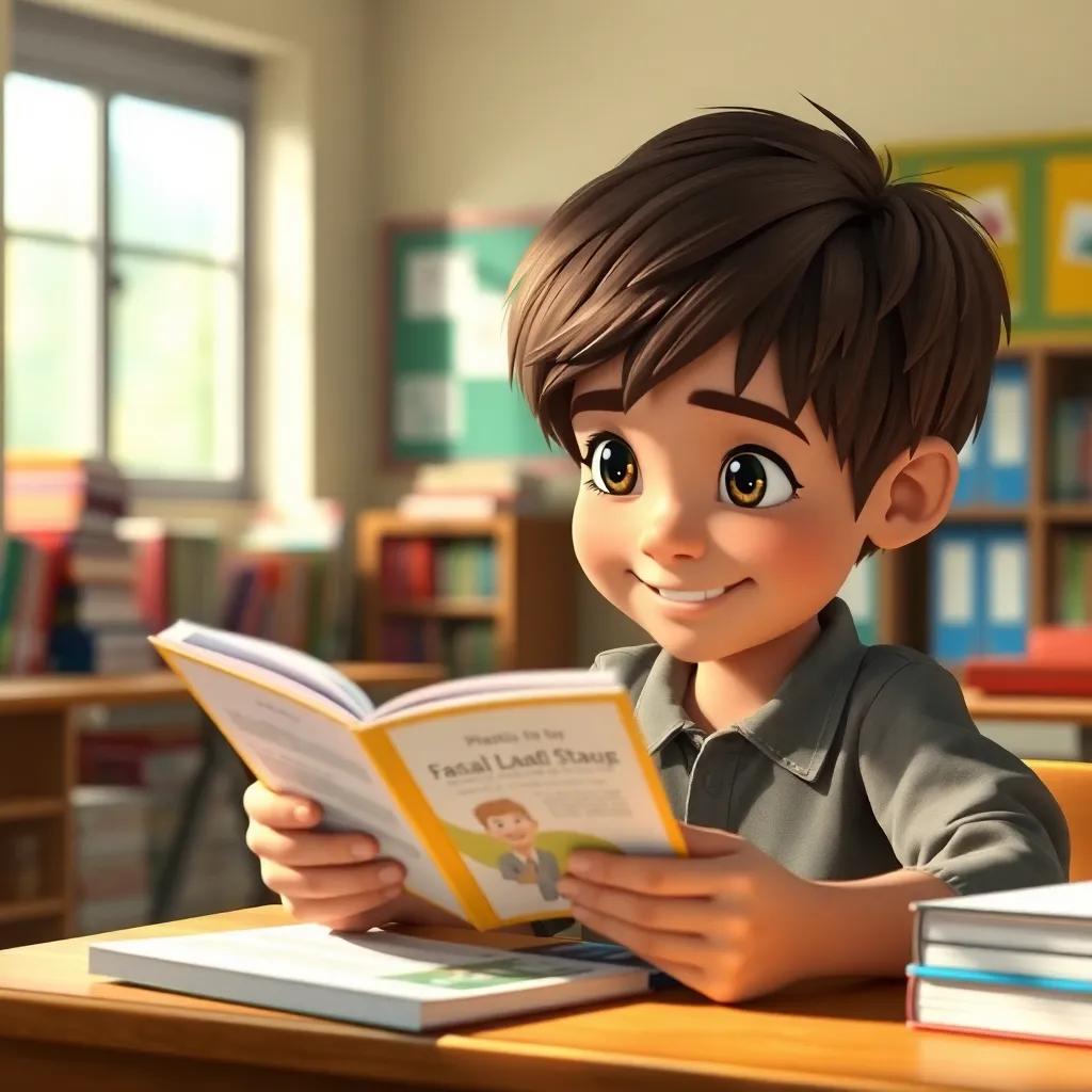 Faisal, a clever boy with short brown hair, sitting at his school desk, surrounded by books, smiling as he reads an English story, colorful classroom, inviting light, focused perspective, detailed