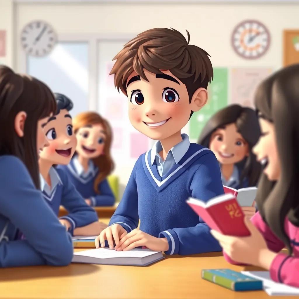 A whimsical scene showing Faisal, with short brown hair wearing a blue school uniform, participating in a fun English class activity, with friends laughing and sharing stories, bright and colorful, lively atmosphere, high quality
