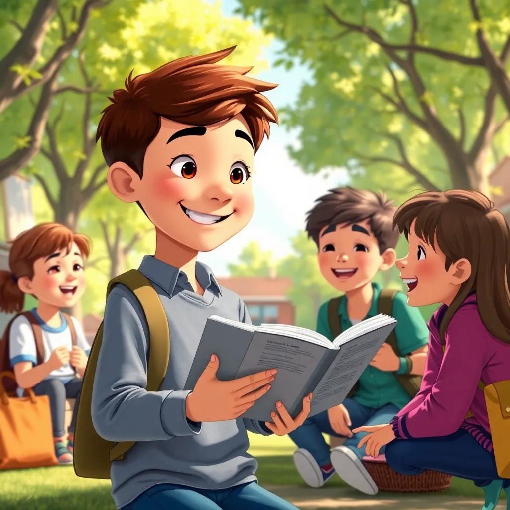 Faisal, a clever boy with short brown hair, sharing a story with friends during lunchtime in the schoolyard, surrounded by trees and laughter, cheerful and vibrant, sunny day, delightful perspective, detailed