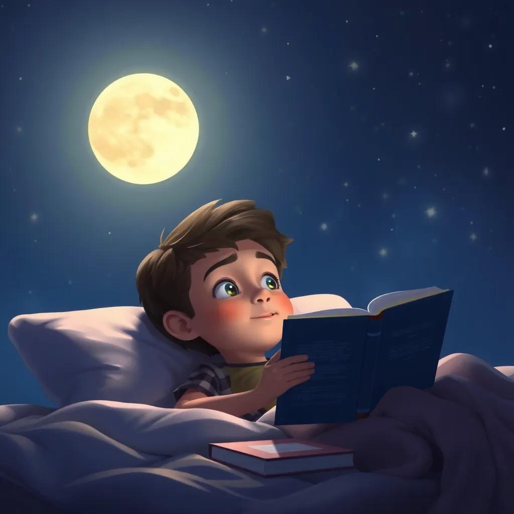 Faisal, with short brown hair, dreaming under the moonlight, lying on his bed with an English book, stars twinkling outside, soft light, magical atmosphere, heartwarming, high quality