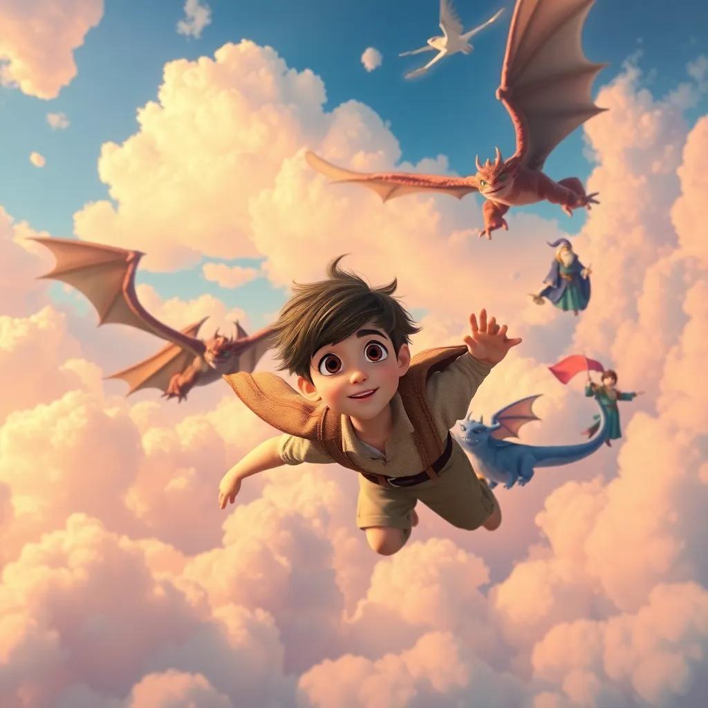 A magical scene showing Faisal flying in the sky with dragons and wizards, with short brown hair, surrounded by colorful clouds, fantasy art, rich colors, imaginative perspective, vivid quality