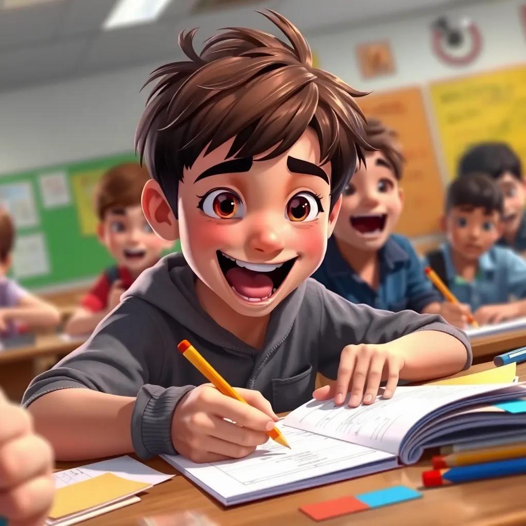 Faisal joyfully playing a writing game in class with his friends, with short brown hair, excited expressions and colorful papers around, energetic atmosphere, dynamic perspective, detailed