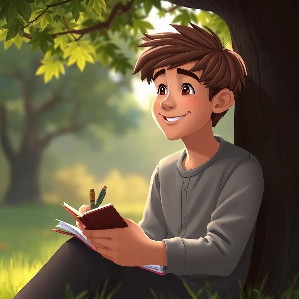 Faisal, with short brown hair, sitting under a tree, writing in his notebook with a peaceful smile, surrounded by nature, warm light, serene ambiance, high quality