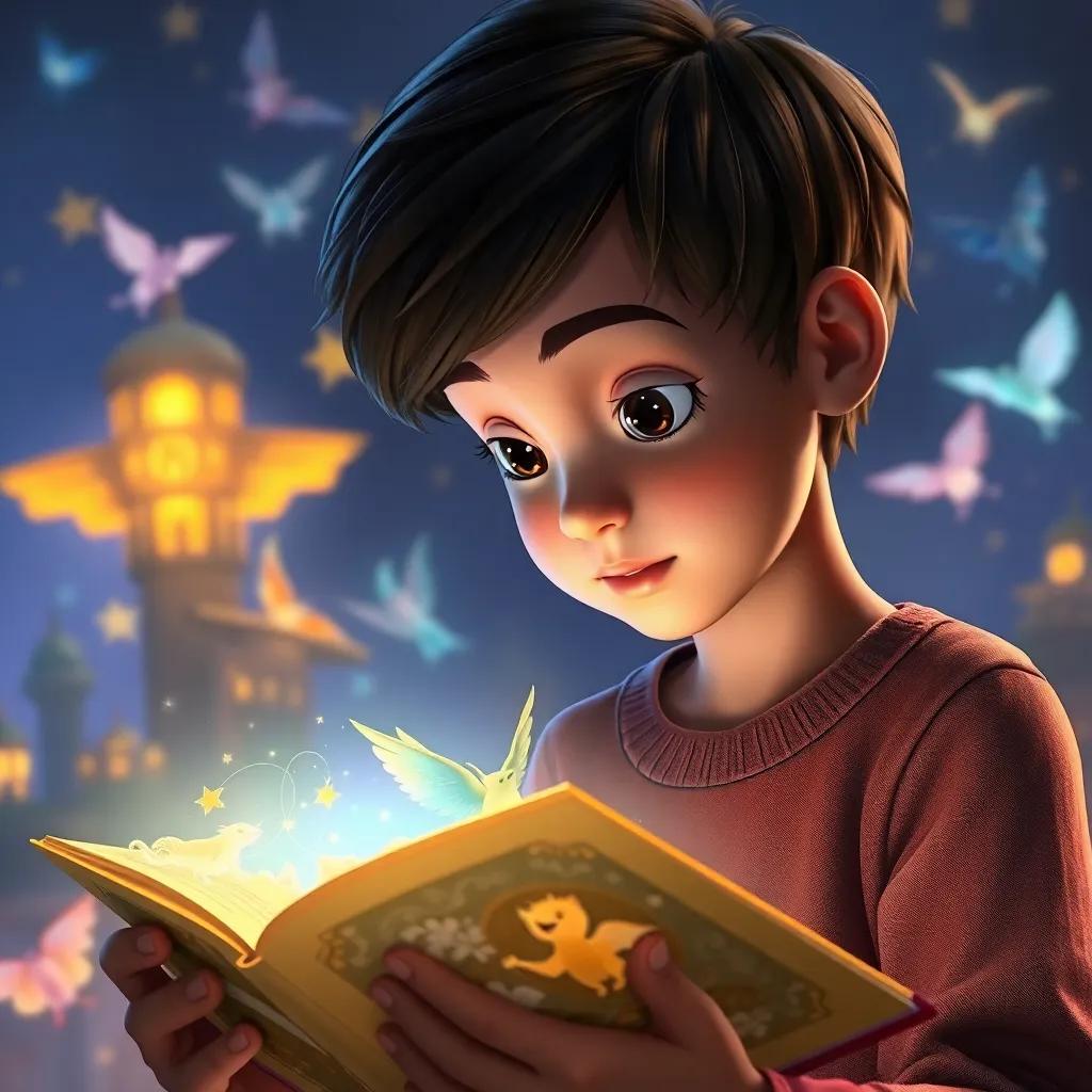 Faisal, a clever boy with short brown hair, looking at a glowing book filled with magical creatures, soft light illuminating the pages, captivating atmosphere, enchanting perspective, detailed