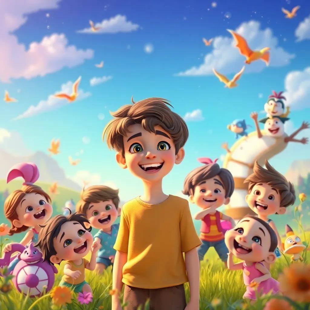 Faisal, with short brown hair, surrounded by the characters of his stories, laughing and playing in a vibrant landscape, full of colors and joy, dreamlike quality, imaginative art, high quality