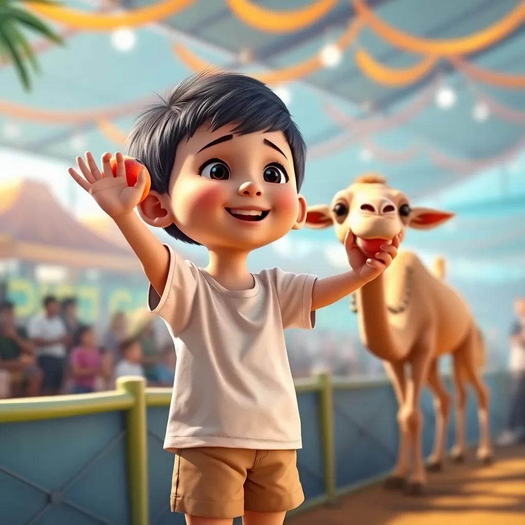 A young child with short black hair, wearing a light t-shirt and shorts, cheering for a cute brown camel named Farha during a race, holding a peach in their hand, energetic setting, bright colors, fun atmosphere, digital art, high quality