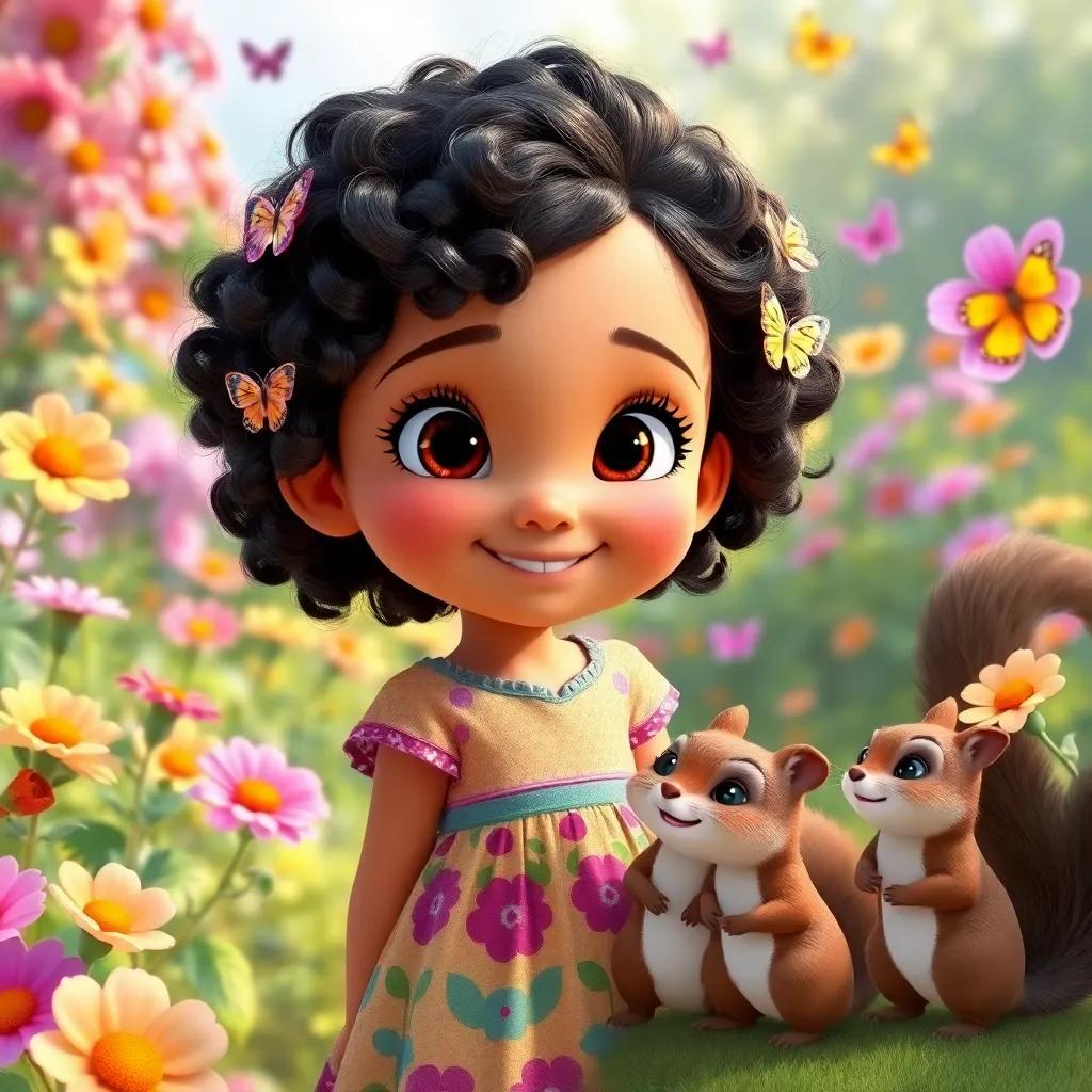 A young girl, Farida, with bright eyes and curly dark hair, wearing a colorful dress, standing in her bright garden with flowers and butterflies, smiling and talking to a group of cheerful squirrels, illustrating a cozy setting, cheerful colors, vibrant atmosphere, high quality