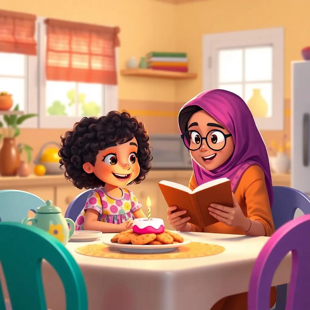 Farida, a young girl with curly hair and a colorful dress, at the breakfast table with her older sister Salma, who has straight hair and glasses, reading a book, excitedly talking about birthday wishes and a talking bird, bright kitchen, warm colors, inviting setting, digital art, heartwarming scene, high quality