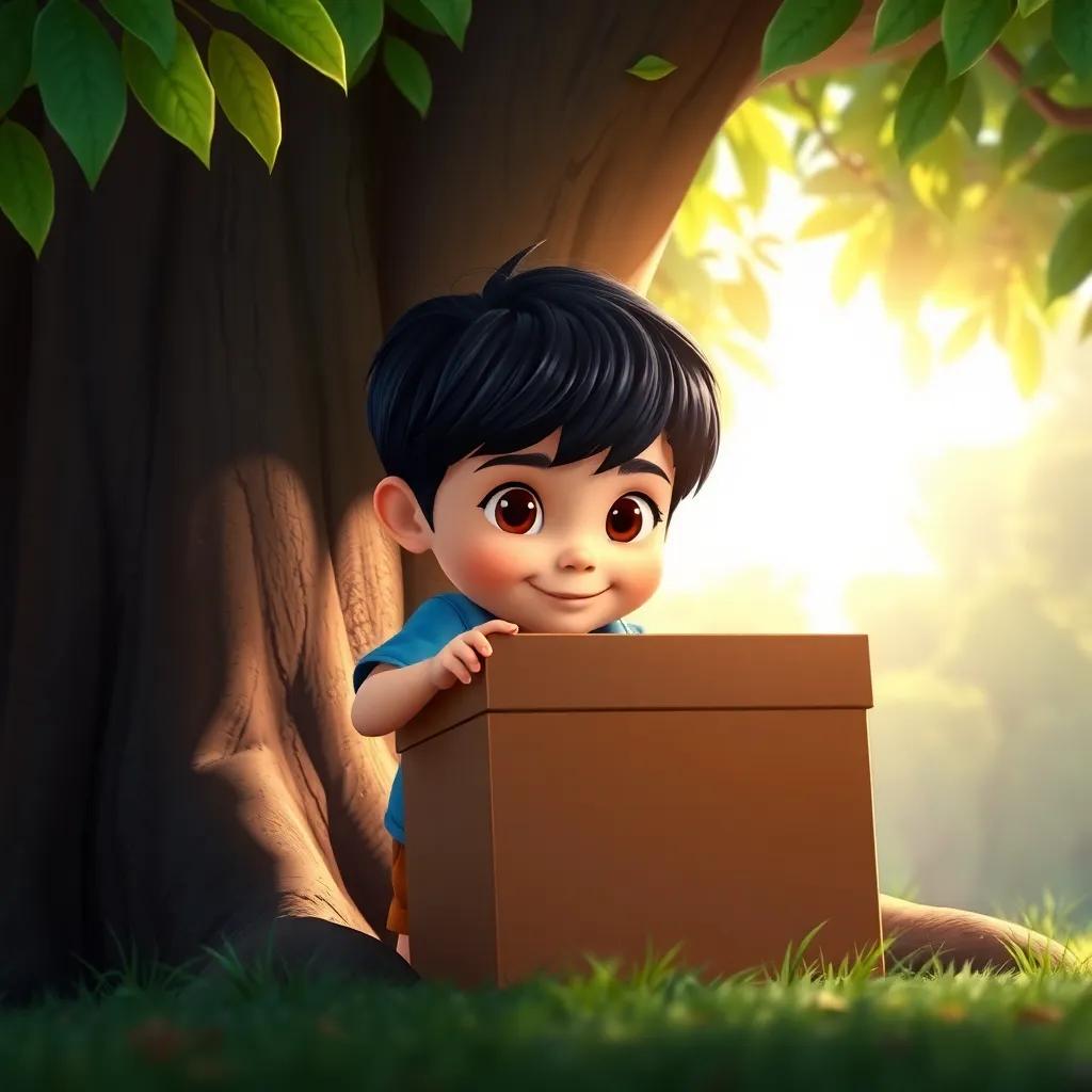 A curious five-year-old boy, Faris, with short black hair wearing a blue shirt and brown shorts, peeking into a mysterious box behind a large tree, bright sunlight shining through the leaves, vibrant colors, playful atmosphere, digital art, high quality.