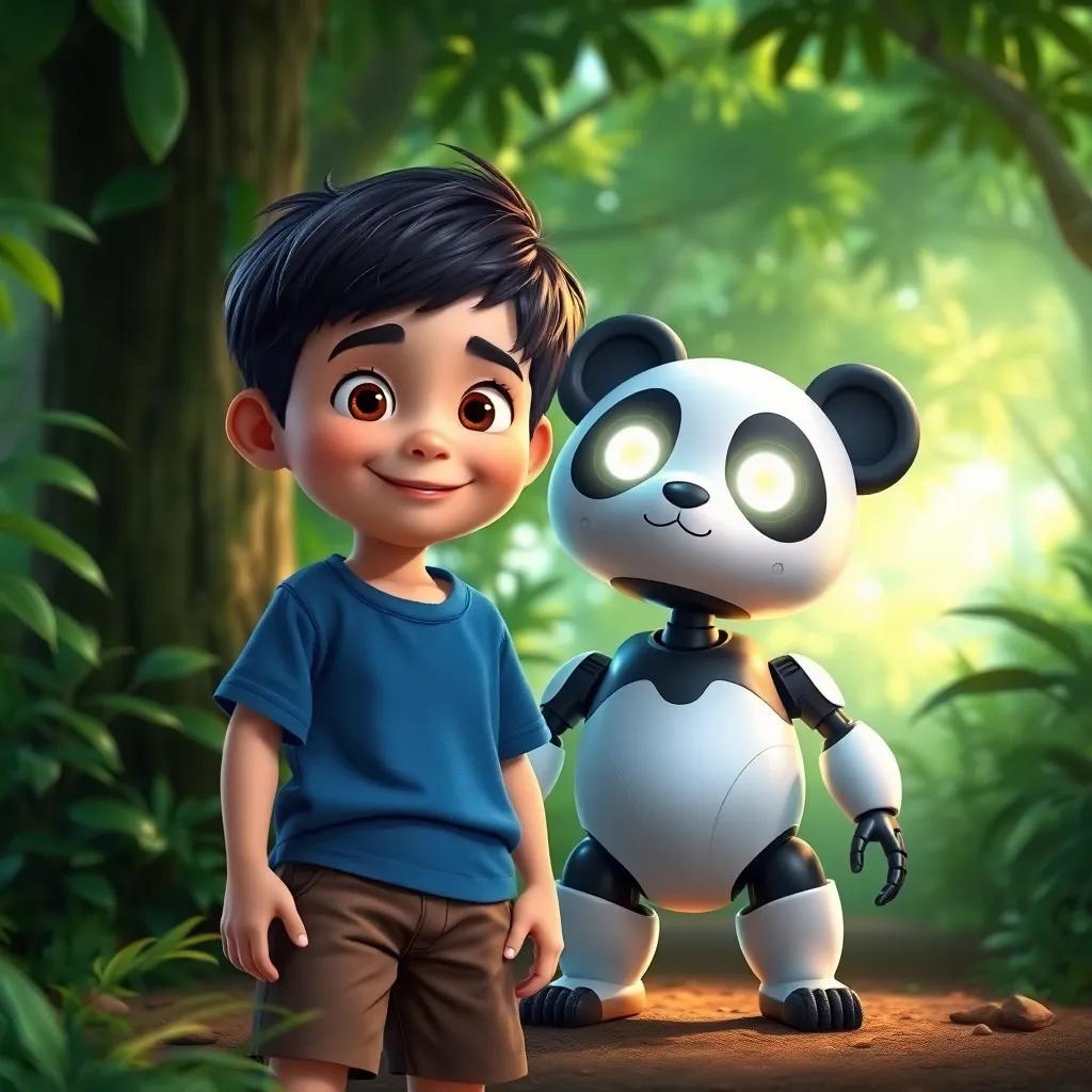 Faris, a five-year-old boy with short black hair wearing a blue shirt and brown shorts, standing next to Dodo, a panda-shaped robot with glowing eyes, in a lush green forest, bright colors, cheerful ambiance, adventure-themed, illustration, high quality.