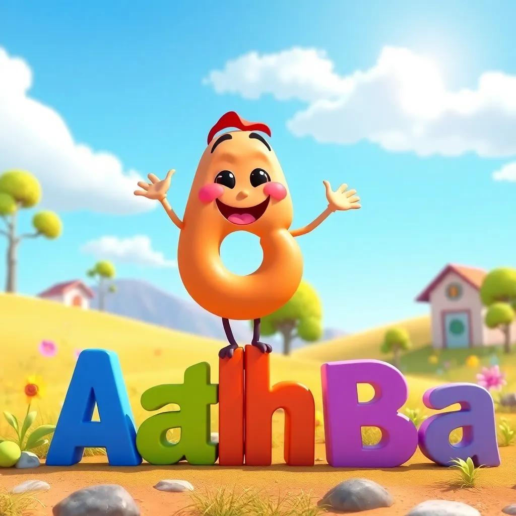 A lively short vowel, Fatha, dancing happily above letters, surrounded by cheerful letters Alif and Ba, colorful and vibrant landscape, sunny day, child-friendly, joyful atmosphere, engaging art