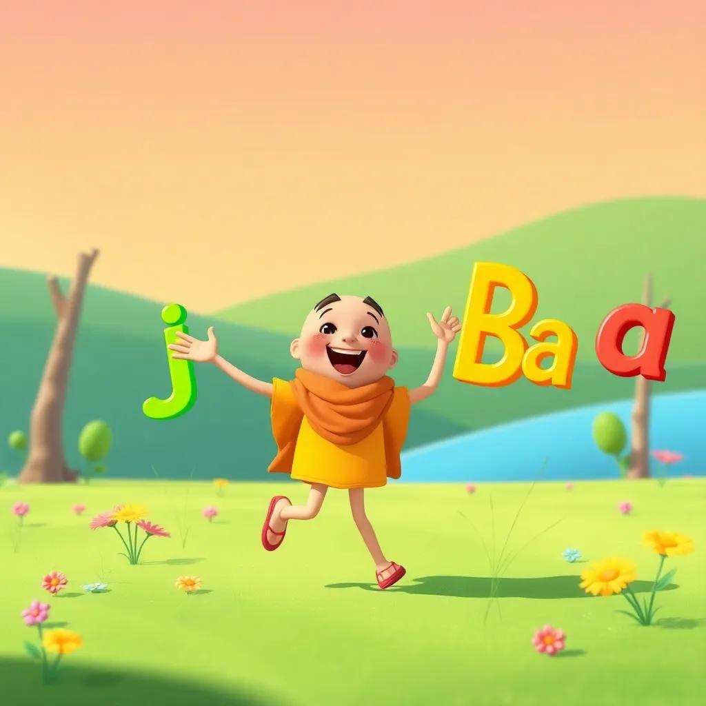 Fatha, the short vowel, leading a parade of letters, with Alif and Ba joyously dancing around her in a bright landscape, colorful letters, whimsical scene, cheerful mood, high quality art
