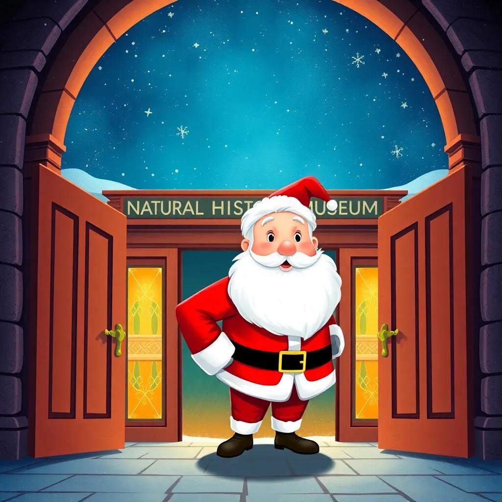 Father Christmas, wearing a red suit and a fluffy white beard, peeking through the large door of the Natural History Museum under a starry night sky, digital art, cozy atmosphere, warm colors, inviting scene, high quality