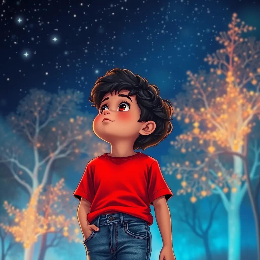 A little boy named Fath, a young Arab boy, with short, curly dark hair, wearing denim shorts and a bright red t-shirt, looking up at the night sky full of stars, surrounded by a magical forest with glowing trees, detailed digital art, warm colors, enchanting atmosphere, high quality