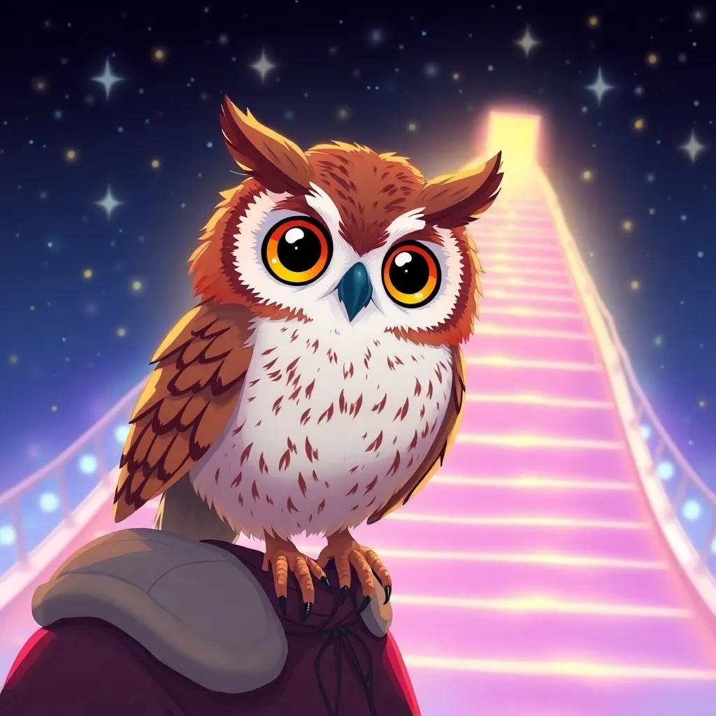 Ollie, a wise owl, with big round eyes and soft brown feathers, perched playfully on Fath's shoulder, with the shimmering staircase of light in the background leading to the stars, illustration, colorful, whimsical and magical, high resolution