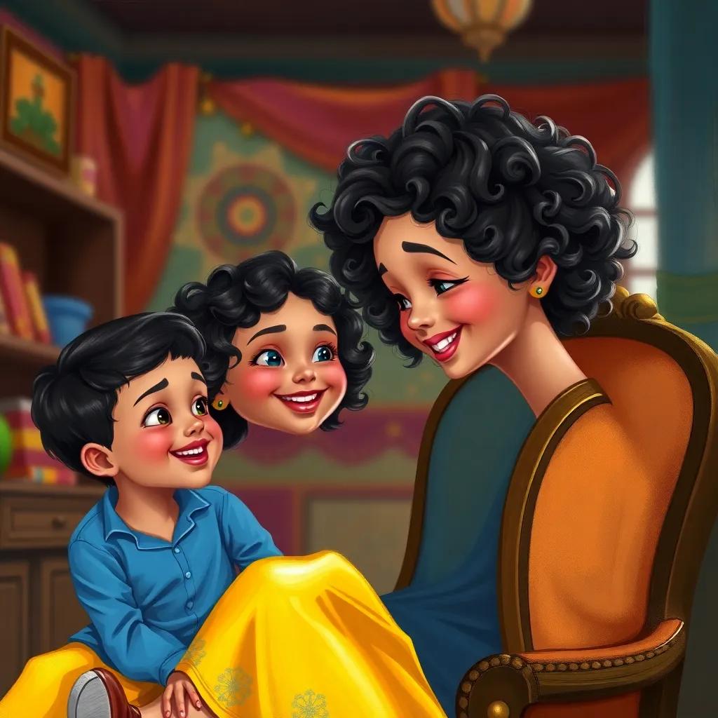 Fatima, a cheerful girl with dark, curly hair, wearing a vibrant yellow sundress, bouncing in her chair, talking excitedly to her brother Ali, who wears a blue shirt, colorful and bright atmosphere, digital art, cheerful, high quality