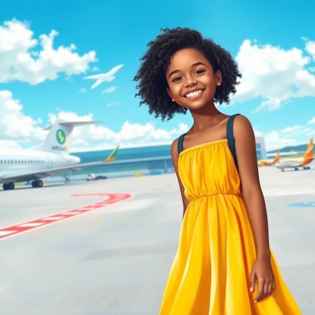 Fatima, a cheerful girl with dark, curly hair, wearing a vibrant yellow sundress, standing on the tarmac of an airport, bright sunshine, blue skies, joyful anticipation, digital painting, uplifting, high quality