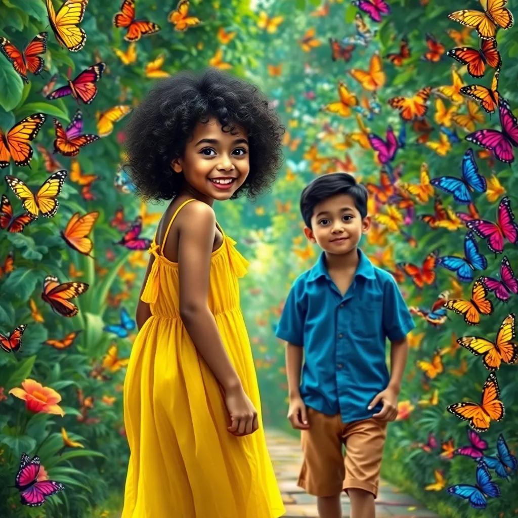Fatima, a cheerful girl with dark, curly hair, wearing a vibrant yellow sundress, and Ali, her brother in a blue shirt, entering a colorful butterfly park full of butterflies in every color, lush greenery, vibrant atmosphere, digital art, immersive, high quality