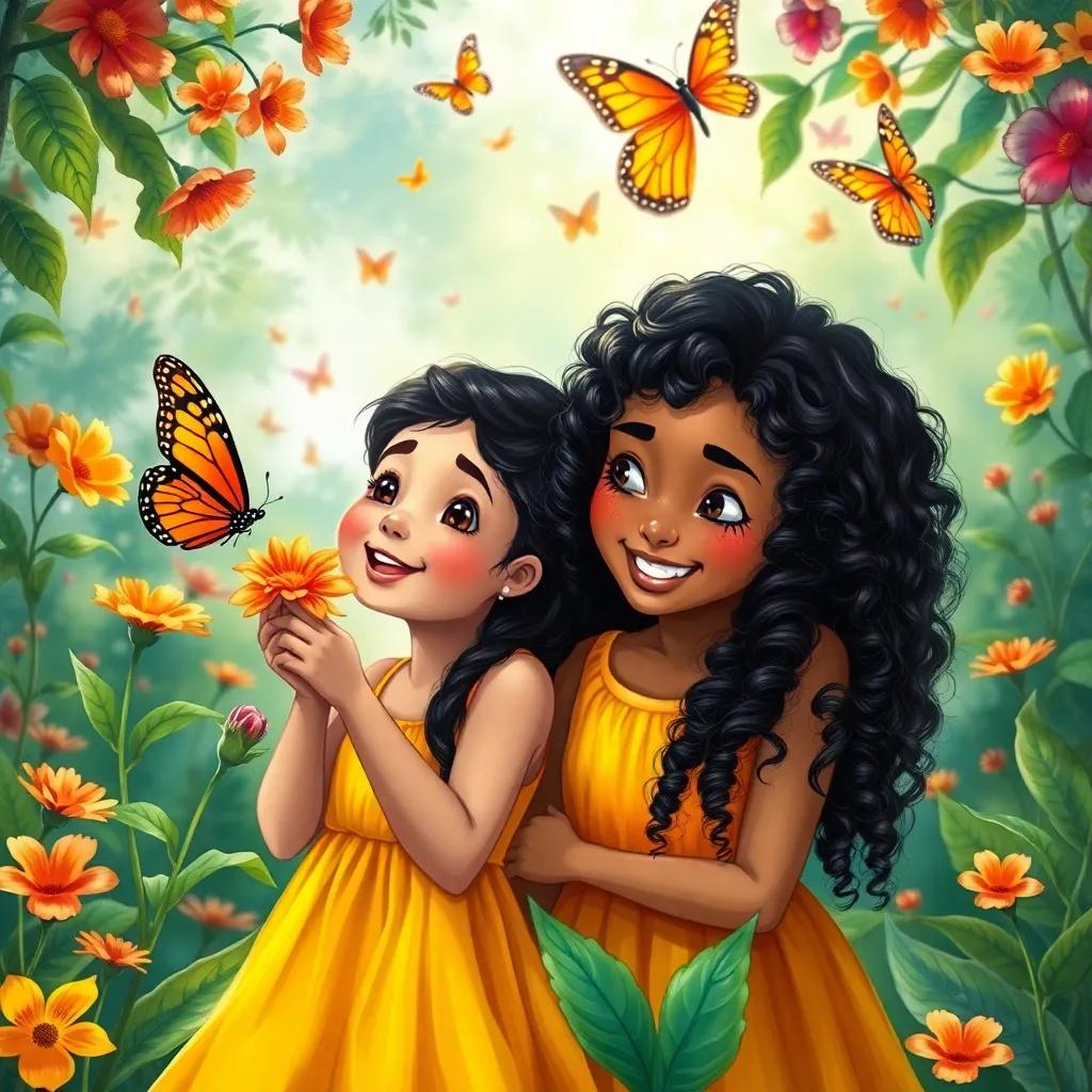 Fatima, a cheerful girl with dark, curly hair, in a vibrant yellow sundress, watching a bright red butterfly on a flower, Ali leaning beside her, together in a magical butterfly park, vivid colors, enchanting scene, illustration, high quality, detailed