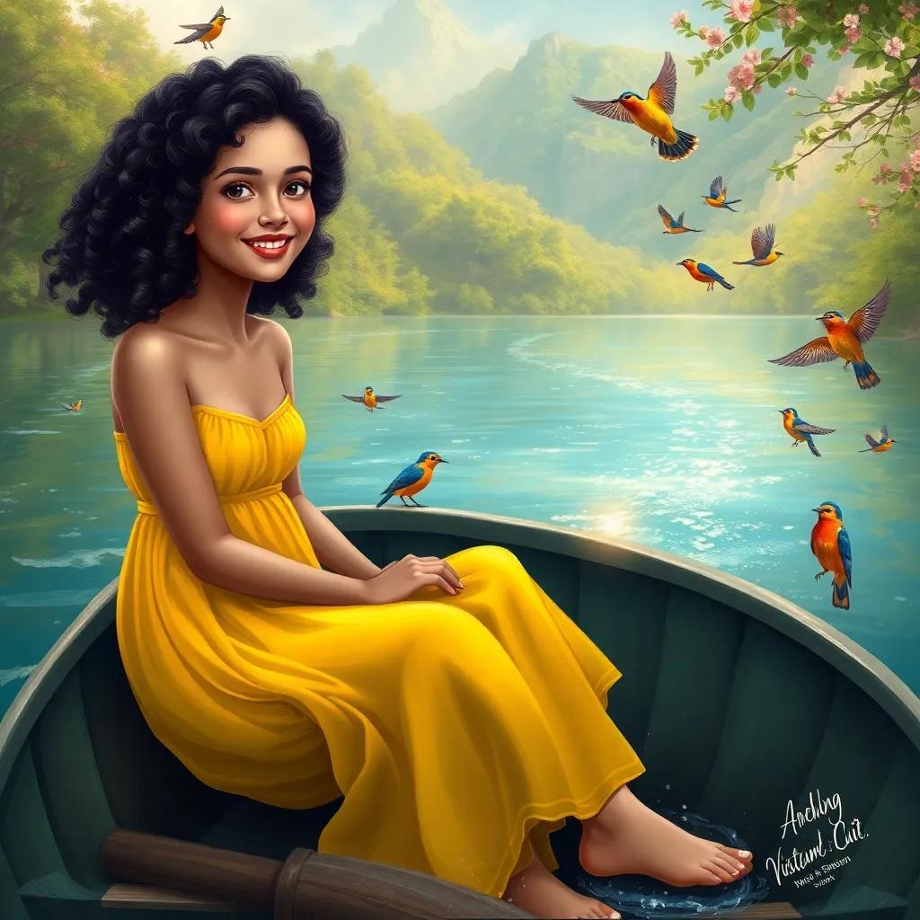 Fatima, a cheerful girl with dark, curly hair, in a vibrant yellow sundress, and Ali sitting on a boat in a sparkling river, surrounded by nature and colorful birds, picturesque scenery, cheerful mood, digital painting, peaceful, high quality