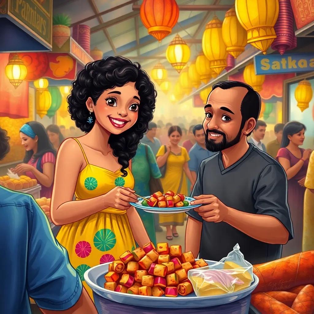 Fatima, a cheerful girl with dark, curly hair, in a vibrant yellow sundress, and Ali sharing a plate of delicious satay, surrounded by a bustling market filled with food, vibrant crowds, delicious atmosphere, illustration, colorful, high quality