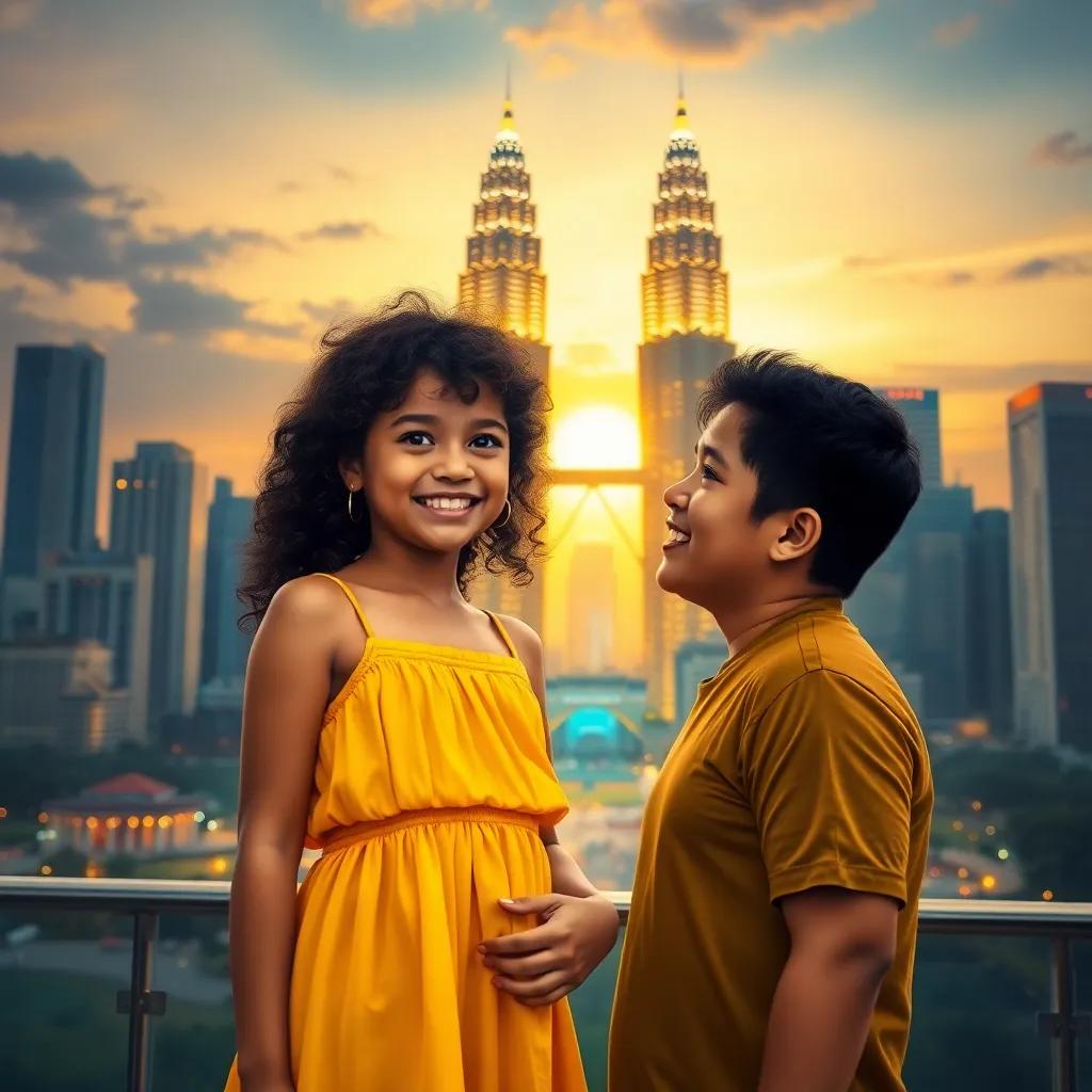 Fatima, a cheerful girl with dark, curly hair, in a vibrant yellow sundress, standing in awe in front of the Petronas Towers glowing at sunset, Ali beside her, city skyline, magical light, digital art, breathtaking, high quality