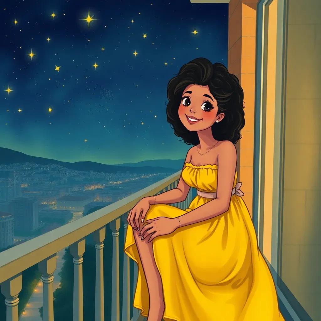 Fatima, a cheerful girl with dark, curly hair, in a vibrant yellow sundress, sitting on a hotel balcony with Ali, gazing at a starry sky, night scene with vibrant stars, peaceful atmosphere, illustration, dreamy, high quality