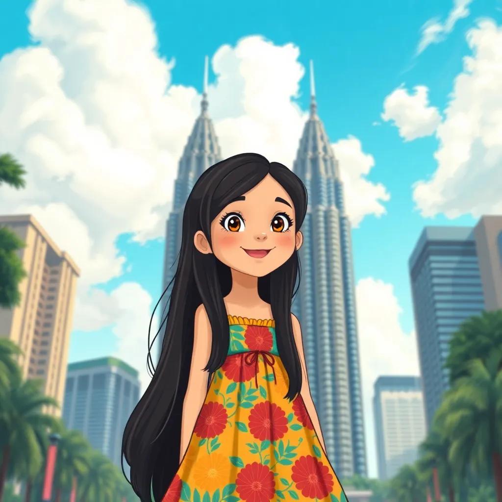 Fatima, a young Arab girl, with long dark hair, wearing a colorful summer dress, standing in front of the Petronas Towers, blue sky and fluffy white clouds in the background, illustration, joyful, adventure-themed, child-friendly