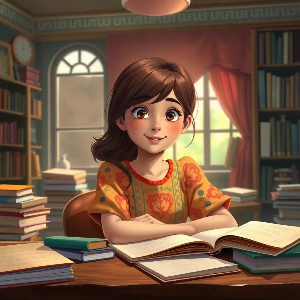 A young girl, Fatima, with medium brown hair wearing a colorful blouse, sitting at a desk full of books and papers, in a cozy study room with a friendly atmosphere, digital art, soft lighting, warm colors, cheerful, high quality
