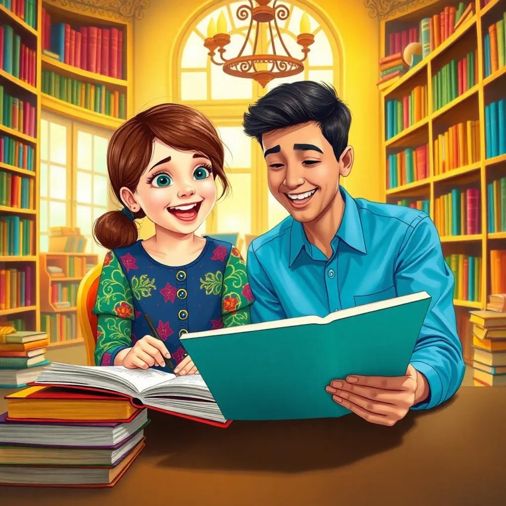 Fatima, a young girl with medium brown hair and colorful blouse, excitedly practicing grammar with her best friend Ali, who is wearing a blue shirt, in a bright and inviting room filled with books, illustration, lively colors, engaging, high quality