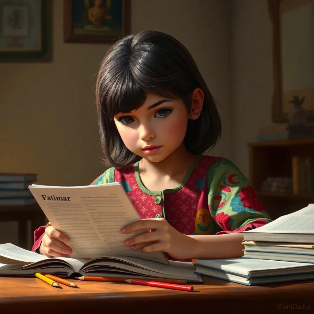 Fatima, a young girl with medium brown hair in a colorful blouse, reading from her grammar book with an expression of determination, surrounded by notebooks and pencils on her desk, digital painting, focused, warm light, inspiring