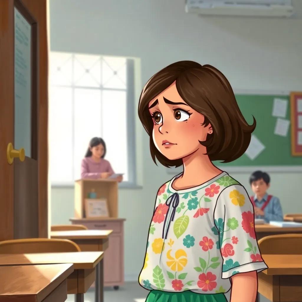 Fatima, a young girl with medium brown hair wearing a colorful blouse, nervously entering her classroom, looking at her teacher at the front with a mix of anxiety and excitement, illustration, bright light, classroom setting, engaging, high quality