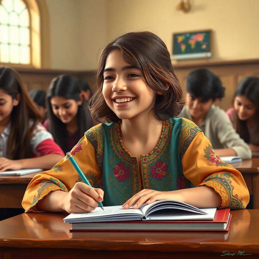 Fatima, a young girl with medium brown hair in a colorful blouse, joyfully completing her exam, writing diligently at a desk with other students around, expression of concentration, digital art, warm colors, inspiring atmosphere, high quality