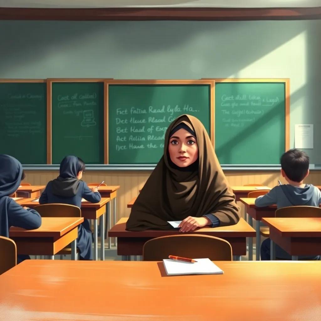 The school classroom with a chalkboard and desks, showing students taking an exam, Fatima sitting at her desk with a focused expression, emphasizing the academic atmosphere, illustration, bright light, engaging, high quality