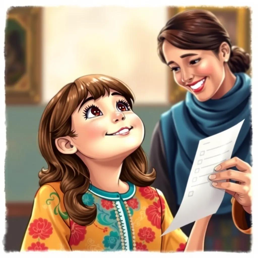 Fatima, a young girl with medium brown hair in a colorful blouse, looking up joyfully at her teacher, who is smiling and holding an exam paper, indicating she did well, illustration, bright light, celebration, high quality