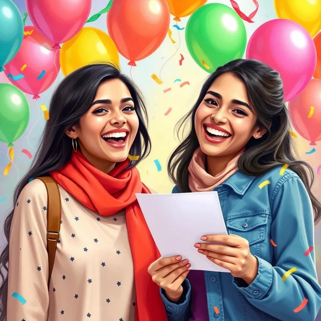 Fatima celebrating with her best friend Ali, both smiling broadly with a colorful backdrop of balloons and confetti, expressing excitement for her great exam result, joyful and vibrant, digital painting, bright colors, upbeat atmosphere, high quality