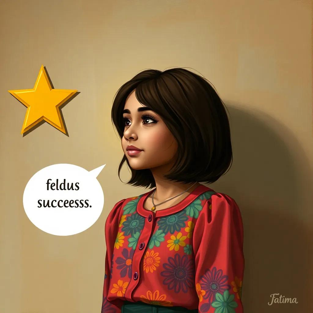 Fatima, a young girl with medium brown hair in a colorful blouse, speaking affirming words of success with a golden star sticker on her wall, indicating her motivation and achievements, illustration, warm colors, inspiring, high quality