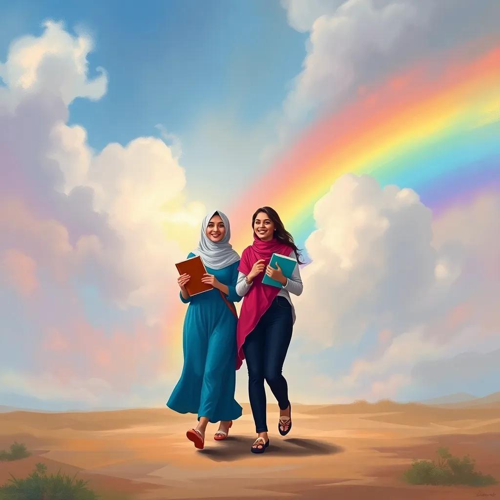 Fatima and Ali happily walking together with books and a rainbow behind them, symbolizing friendship and success after conquering challenges, digital artwork, bright and colorful, uplifting atmosphere, high quality