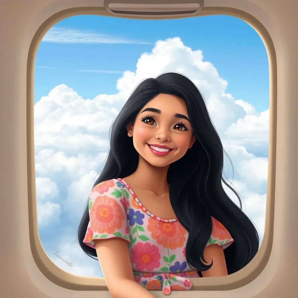 Fatima, a young Arab girl, with long black hair wearing a colorful summer dress, looking out of a plane window with a big smile, soft clouds and blue sky outside, digital art, cheerful, bright atmosphere, high quality