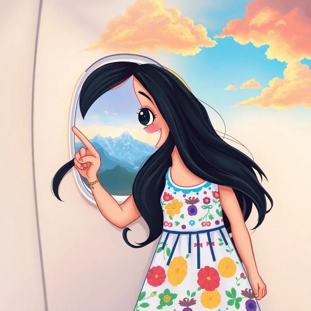 A young Arab girl, Fatima, with long black hair wearing a colorful summer dress, pointing excitedly at mountains through a small plane window, vibrant clouds, cheerful, child-friendly illustration, high quality