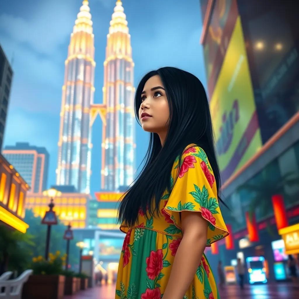 Fatima, a young Arab girl, with long black hair wearing a colorful summer dress, standing in front of the Petronas Towers, looking amazed, bright city lights and bustling streets, digital painting, lively, enchanting atmosphere, high quality