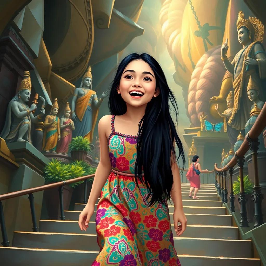 Fatima, a young Arab girl, with long black hair in a colorful summer dress, climbing steps at Batu Caves, excited, surrounded by colorful statues and intricate designs, warm light, rich colors, fantasy illustration, high quality