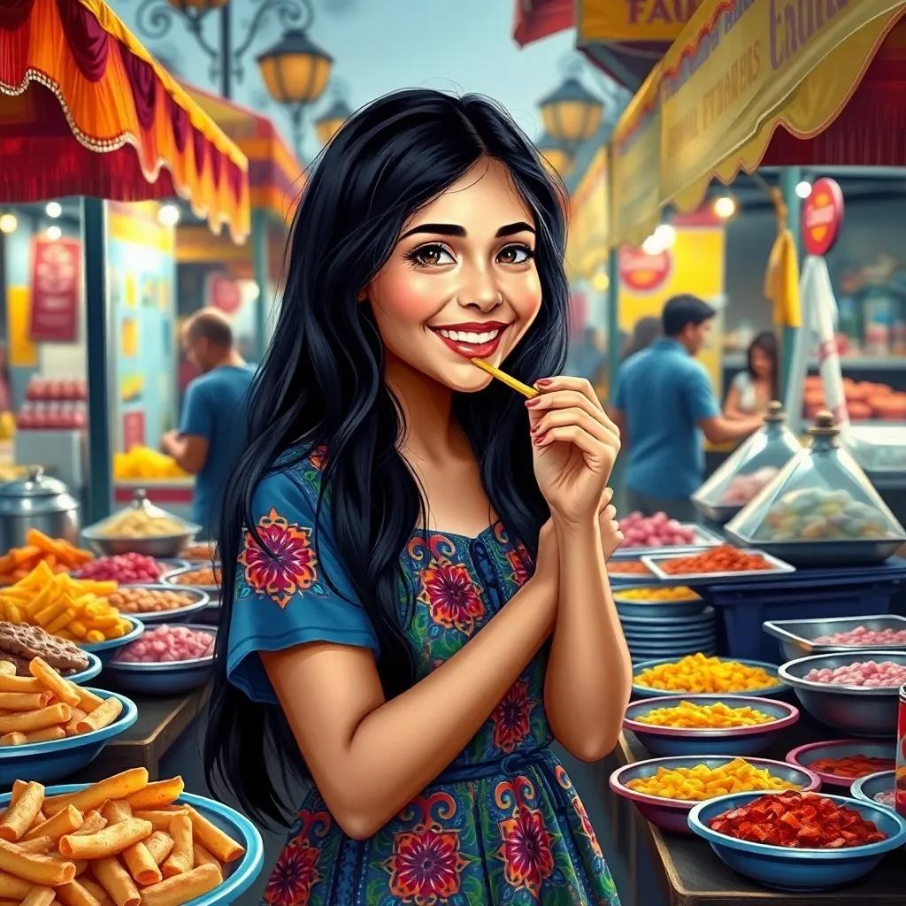 Fatima, a young Arab girl, with long black hair wearing a colorful summer dress, tasting street food with a big smile, surrounded by booths and colorful plates, vibrant and lively, cheerful atmosphere, digital art, high quality
