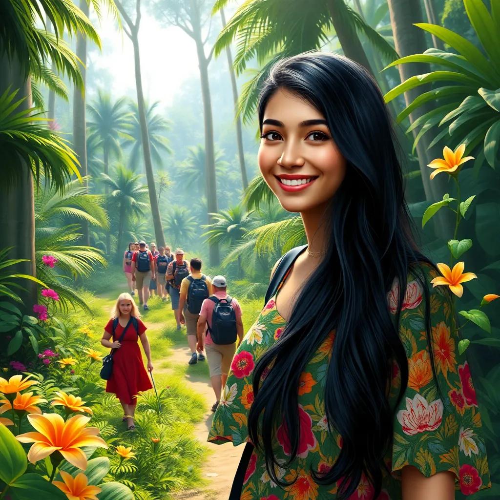 Fatima, a young Arab girl, with long black hair in a colorful summer dress, trekking through lush jungle with a tour group, smiling, bright flowers and tall trees, detailed digital painting, vibrant colors, high quality
