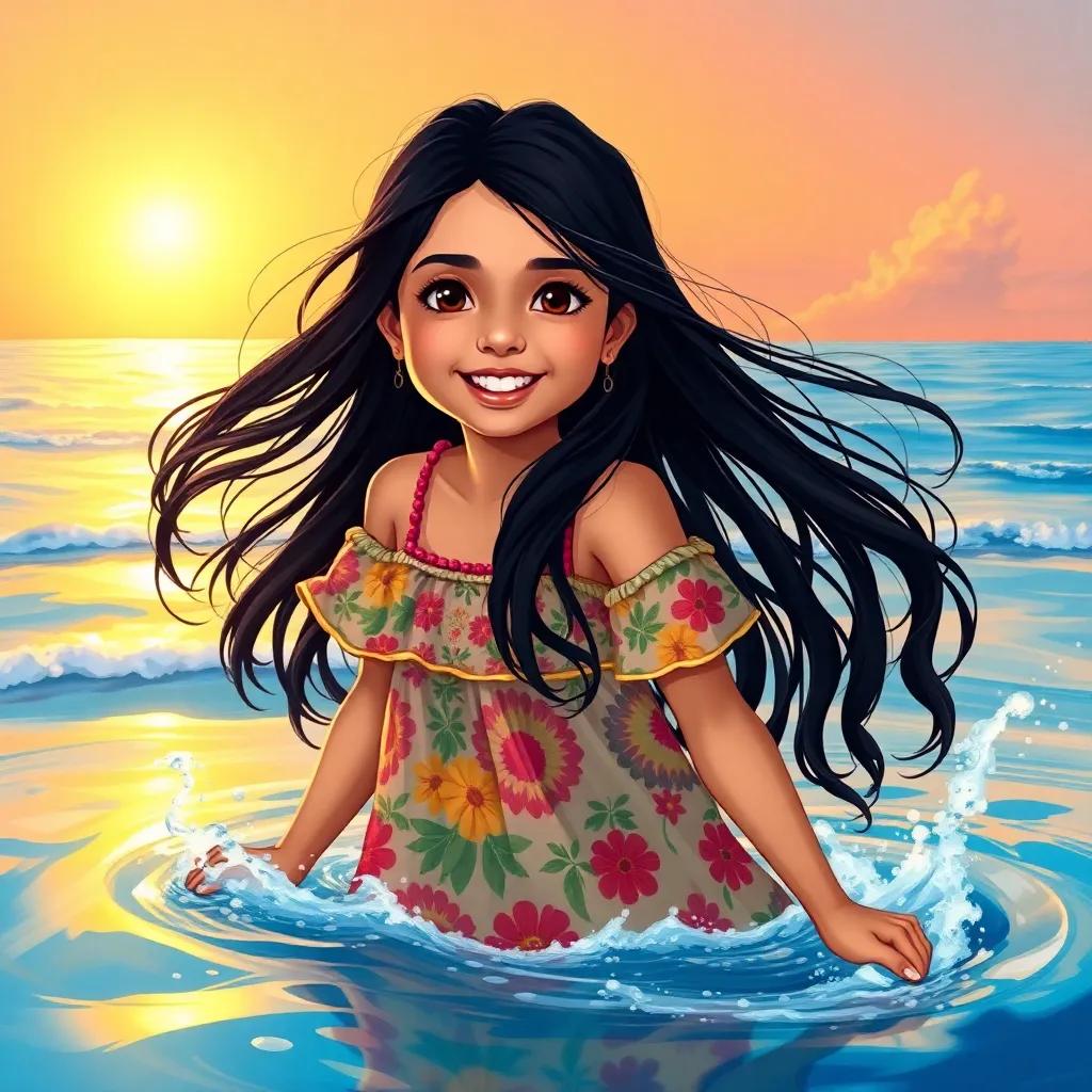 Fatima, a young Arab girl, with long black hair in a colorful summer dress, joyfully playing in the blue water on a beautiful beach, golden sunset in the background, warm and cheerful, digital illustration, high quality