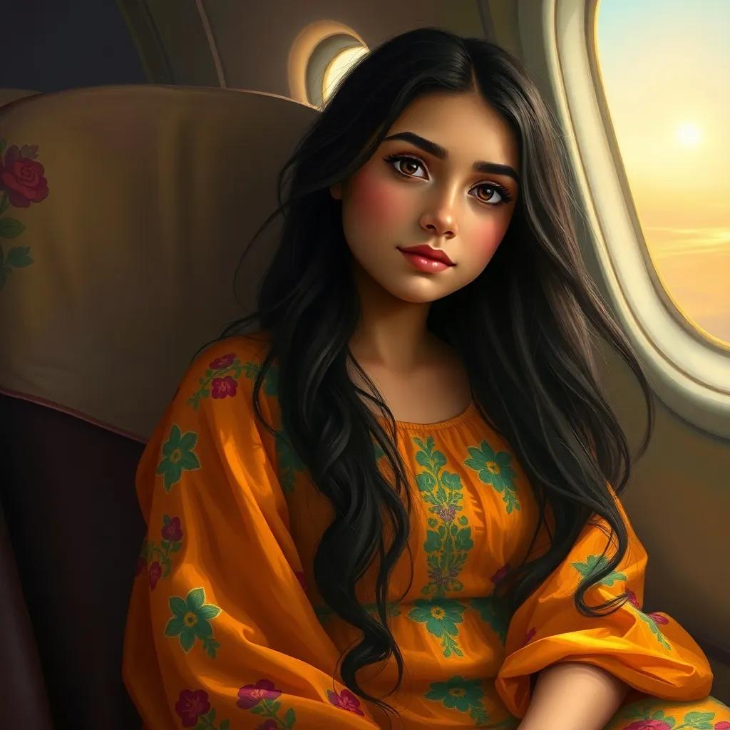 Fatima, a young Arab girl, with long black hair in a colorful summer dress, sitting on a plane looking nostalgic, light from the window illuminating her face, dreamy expression, warm colors, magical atmosphere, digital art, high quality