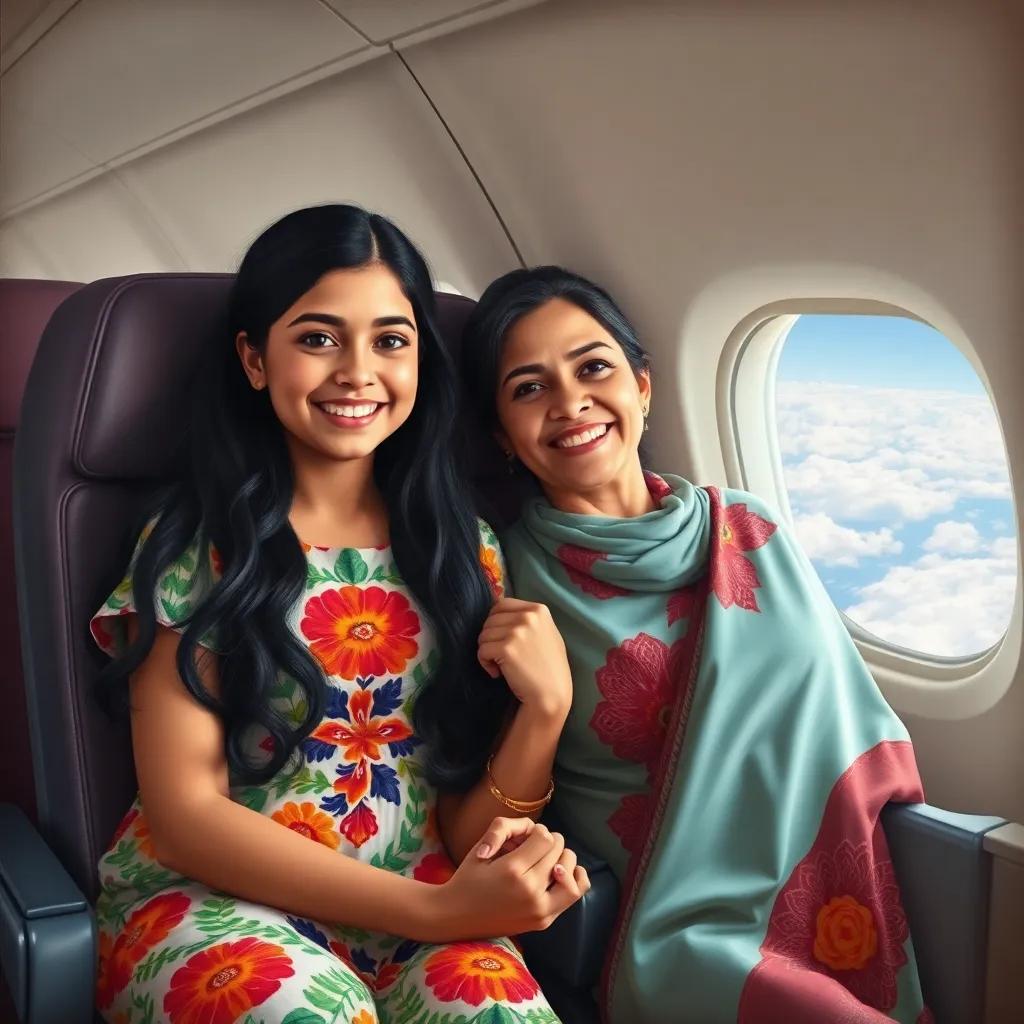 Fatima, a young Arab girl, with long black hair in a colorful summer dress, holding hands with her mom, both smiling while sitting in a plane, clouds outside the window, heartwarming, vibrant colors, high quality
