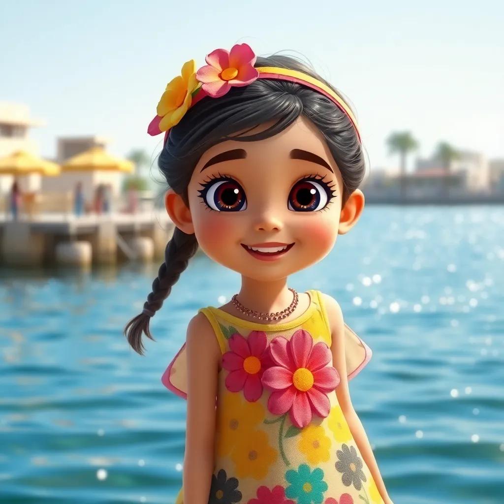 A cheerful girl named Fatima, with bright eyes and a colorful flower dress, playing by the sparkling water near Fujairah, digital art, vibrant colors, joyful atmosphere, high quality